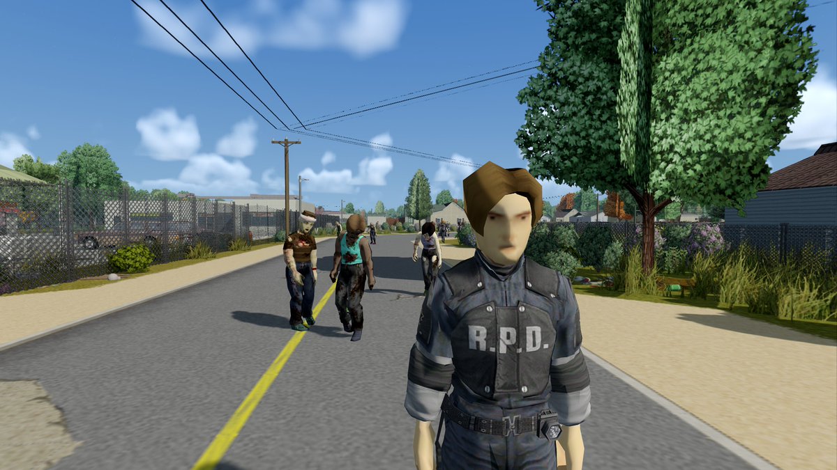 A screenshot from a retro, low-poly 3D video game (resembling early Resident Evil) showing a male character in an 'R.P.D.' uniform standing on a road, with several zombie-like figures walking toward the camera in a sunny, suburban environment.