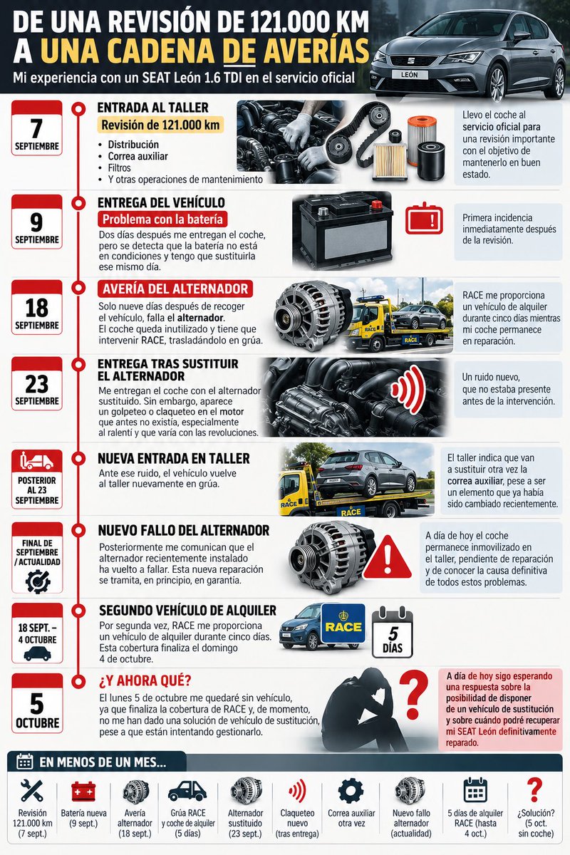 TenerifeVial's tweet photo. Madre mía lo que estoy pasando con @Motor7Islas @tuSEAT por una simple revisión oficial desde el 07 de septiembre sin coche 🚙
Ya les contaré …
* Si todo salió bien.
* Si todo salió mal.
#CorreaAuxiliar #Alternador #Ruidos https://t.co/C4jSsjOR1N