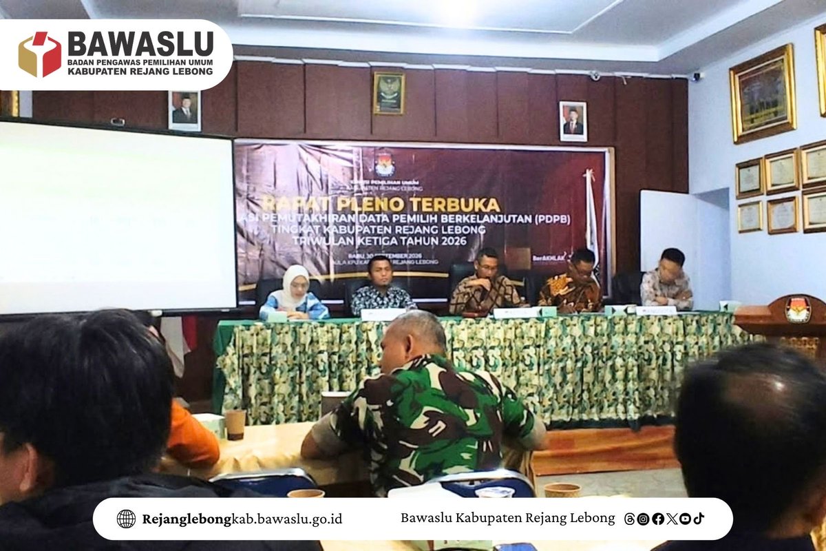 BawasluRL's tweet photo. #sahabatbawaslu 
Rejang Lebong, 30 September 2026 – Bawaslu Kabupaten Rejang Lebong melaksanakan pengawasan terhadap Rapat Rekapitulasi dan Pleno Terbuka Pemutakhiran Data Pemilih Berkelanjutan (PDPB) Triwulan III Tahun 2026 https://t.co/EyusNzCBOG