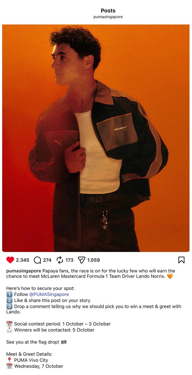 eclairswon's tweet photo. turns out sangwon will go to singapore during the same week as F1 grand prix at marina bay street circuit... maybe that's why he talks about wanting to watch F1 too 😭 

and the F1 drivers lando norris from mclaren mastercard and charles leclerc from scuderia ferrari team will be attending puma's meet & greet events in singapore!

lando norris will visit puma vivo city and charles leclerc will visit puma 313@somerset both on oct 7th, and sangwon will be visiting both stores!! i hope sangwon get to meet them there... oh he must be so happy 😭🫳🏻