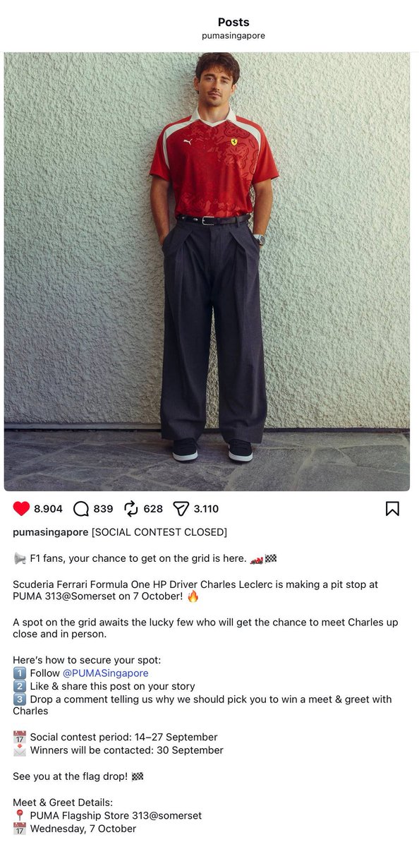 eclairswon's tweet photo. turns out sangwon will go to singapore during the same week as F1 grand prix at marina bay street circuit... maybe that's why he talks about wanting to watch F1 too 😭 

and the F1 drivers lando norris from mclaren mastercard and charles leclerc from scuderia ferrari team will be attending puma's meet & greet events in singapore!

lando norris will visit puma vivo city and charles leclerc will visit puma 313@somerset both on oct 7th, and sangwon will be visiting both stores!! i hope sangwon get to meet them there... oh he must be so happy 😭🫳🏻