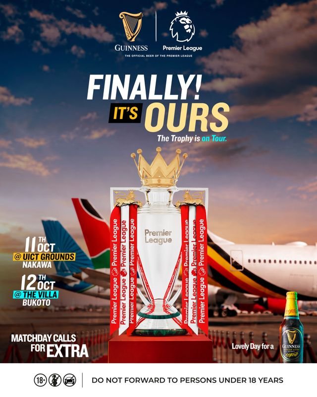 943qfmlira's tweet photo. ⚽ FINALLY, IT’S OURS! 
The Premier League Trophy is coming to Uganda! 🇺🇬
📍 11 Oct: UICT Grounds, Nakawa
📍 12 Oct: The Villa, Bukoto
 Matchday calls for extra excitement! ⚽
#PremierLeague #TrophyTour #Uganda #Guinness #FootballFans https://t.co/dlVaEbHrgC