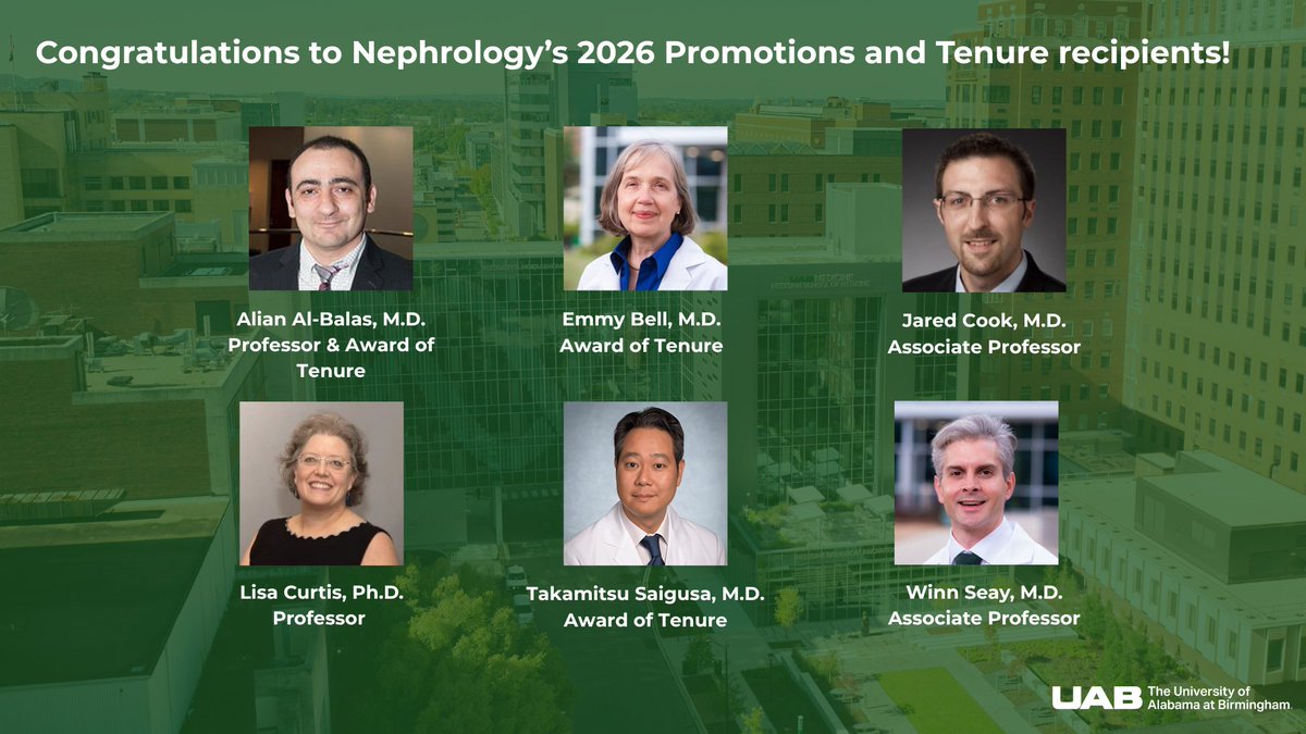 UAB_NRTC's tweet photo. Congratulations to all Medicine - Nephrology
2026 Promotions and Tenure recipients!
@DrTimmyLee1
👏📷📷 https://t.co/xHtqLcPZxn
