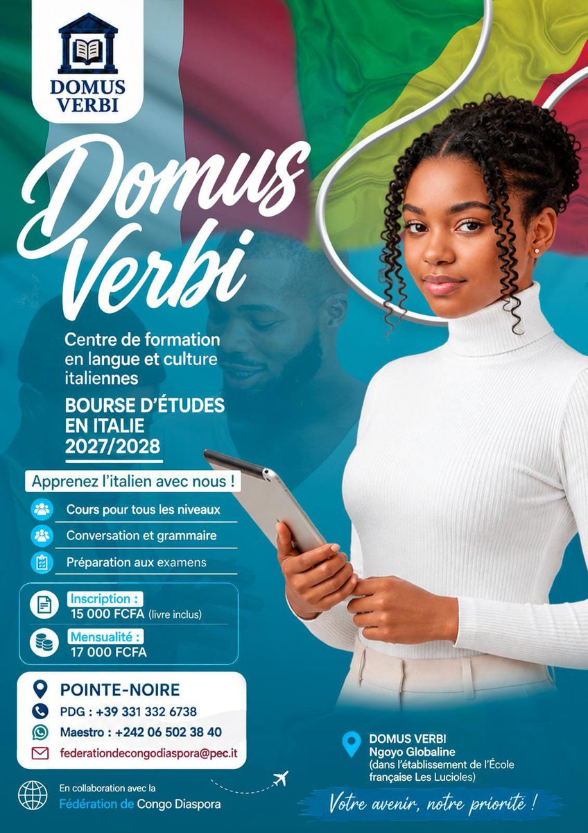 FediCongo_'s tweet photo. 🇮🇹 VOUS RÊVEZ D’ÉTUDIER EN ITALIE EN 2027/2028 ? COMMENCEZ À VOUS PRÉPARER DÈS MAINTENANT ! 🇨🇬

Suivre la chaîne Fédération de CONGO diaspora sur WhatsApp  : https://t.co/227mpEYmRy

#DomusVerbi
#FederationDeCongoDiaspora
#Congo
#PointeNoire
#Brazzaville https://t.co/V72riqDP38