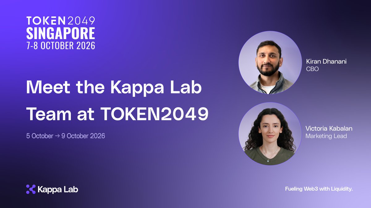KappaLab_io's tweet photo. The best conversations at @TOKEN2049 happen off stage.

Kappa Lab will be in Singapore from 5 to 9 October, and we'd like to meet you.

We're a digital asset market maker. We provide liquidity across 1,500+ markets on 50+ centralized and decentralized exchanges.

Kiran Dhanani (@kiranxyz_), our CBO, is meeting exchanges, foundations, vault operators, trading firms, traders, and potential partners.
 → Telegram: @ Kirandhanani - https://t.co/pE5gsvJxYk

Victoria Kabalan (@vickbln__), our Marketing Lead, wants to meet agencies, creators, designers, researchers, KOLs, PR and events teams, and anyone up for co-marketing.
→ Telegram: @ vickbln - https://t.co/5tK4x1dKcE

Reach out to Kiran or Victoria on Telegram to schedule a meeting.

Learn more about Kappa Lab: https://t.co/zIS2oejPMX