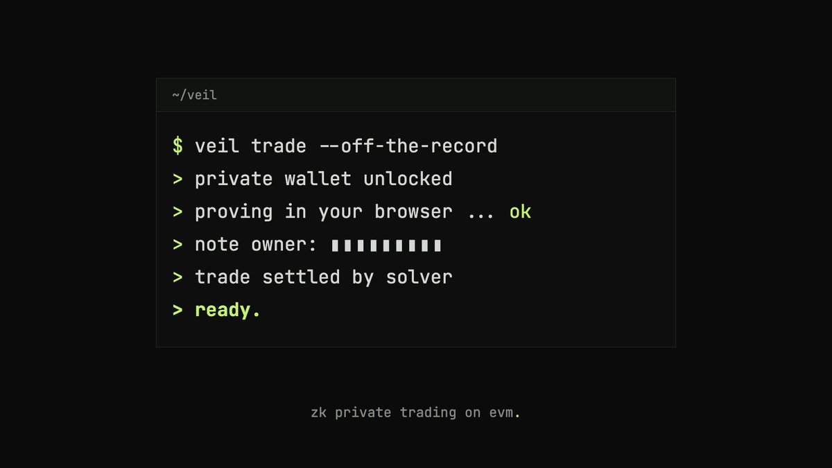 veilproto's tweet photo. the zk proof for every veil trade gets made in your browser, on your machine

your keys and notes never leave it. the only thing that goes out is the proof, and all it says is that you're allowed to spend. no server in the middle that you have to trust with anything https://t.co/Oel9ukHmz2