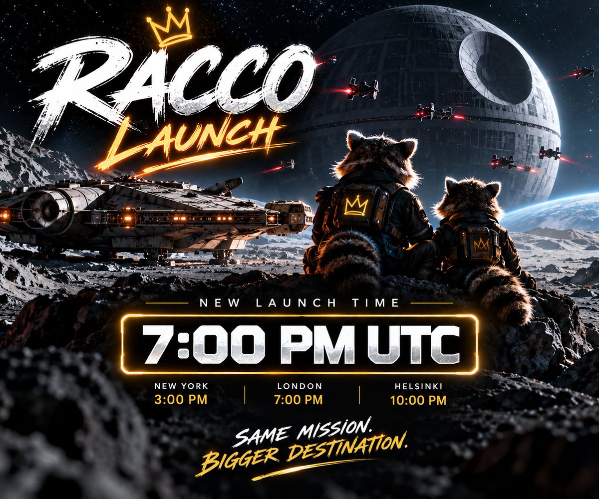 RaccoDiscover's tweet photo. Small timing update 🦝🚀

RACCO needs one more orbit before landing.

NEW LAUNCH TIME

OCT 2 — 7 PM UTC / 3 PM NEW YORK 

Same mission. Bigger destination. 🌑🔥

#RACCO #Solana #PumpFun https://t.co/BdeMIFjaOc