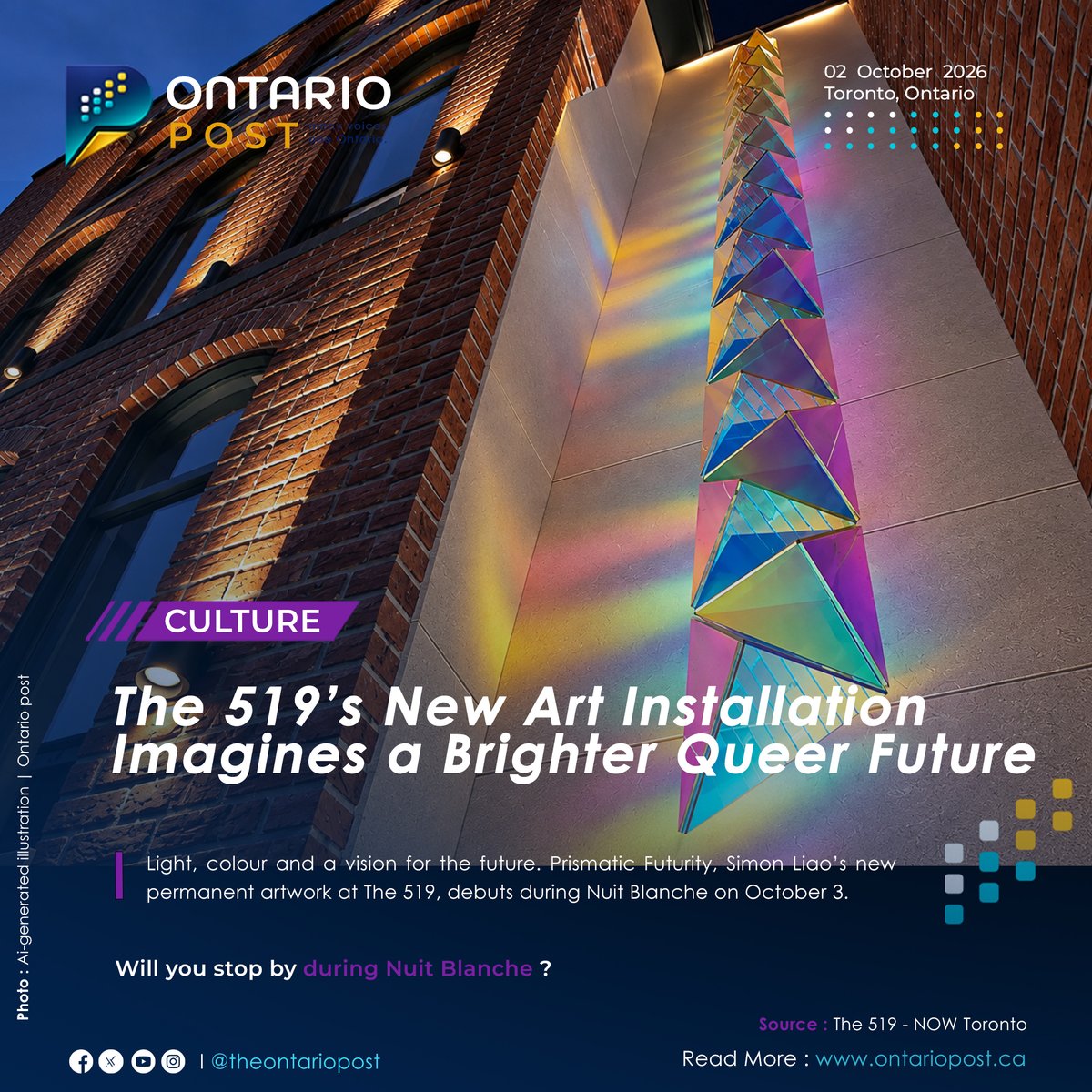 TheOntarioPostM's tweet photo. The 519’s New Art Installation Imagines a Brighter Queer Future
Read more : https://t.co/EDNl3TpJWt
Sources: The 519 - NOW Toronto
#The519 #PrismaticFuturity #NuitBlancheTO #TorontoArt #TheOntarioPost https://t.co/g3AKVwfoRE