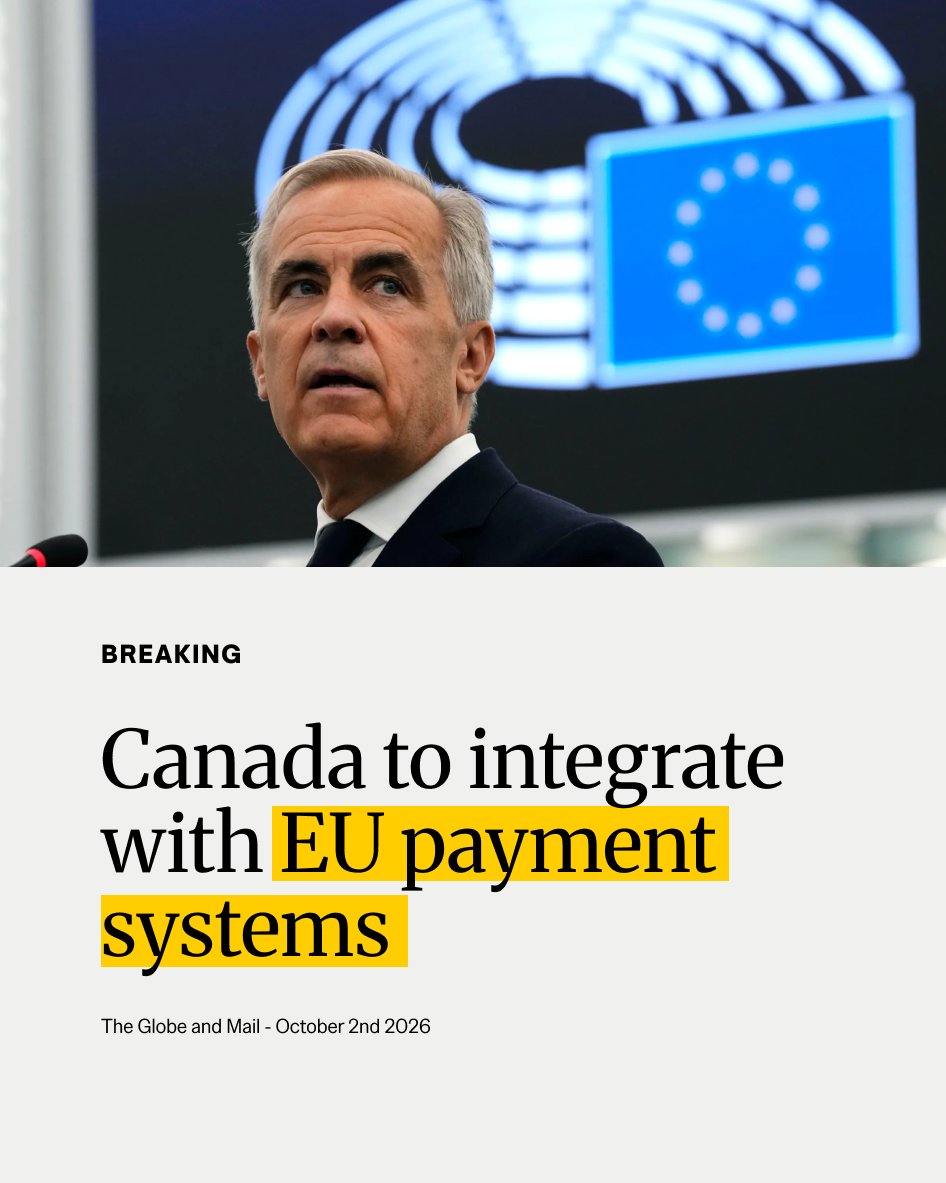TrendPolCa's tweet photo. Prime Minister @MarkJCarney casts control over payments as a matter of sovereignty, as Ottawa and Brussels look to reduce U.S. sway over the systems that move money.

The PMO won't comment on the leaked draft, which commits both sides to "work toward connecting next-generation payment systems" ahead of the Montreal summit.