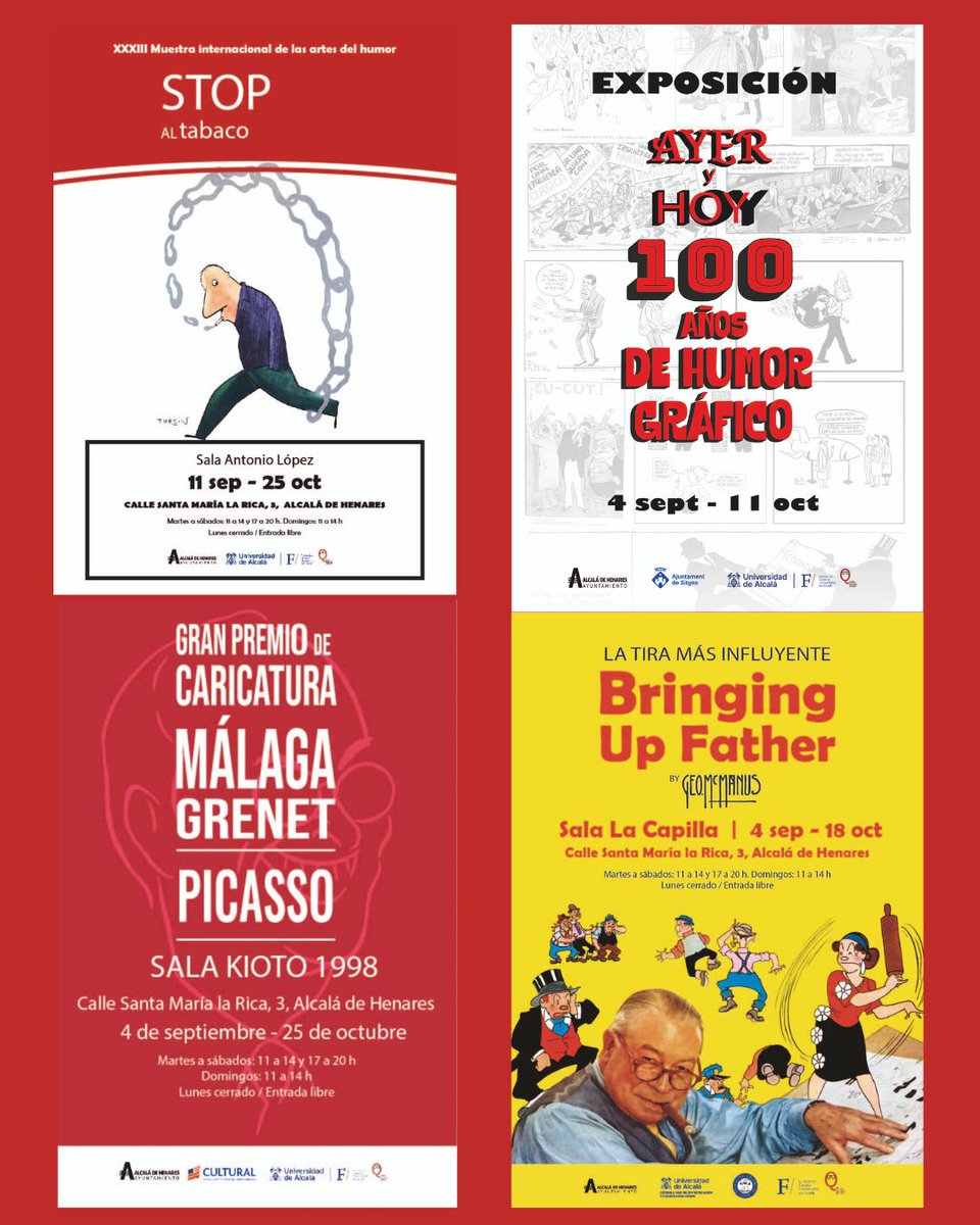 HumoristanOrg's tweet photo. En @iq_humor puedes visitar cuatro exposiciones de humor gráfico. ¡Entrada gratuita!
👉La XXXIII MIAH, «Stop Tabaco»
👉«Ayer y hoy. 100 años de humor gráfico»
👉«Gran Premio de Málaga Grenet. Picasso»
👉«La tira más influyente. Bringing Up Father»

🔍https://t.co/1BFed7aZP5 https://t.co/svPcOHvT0S