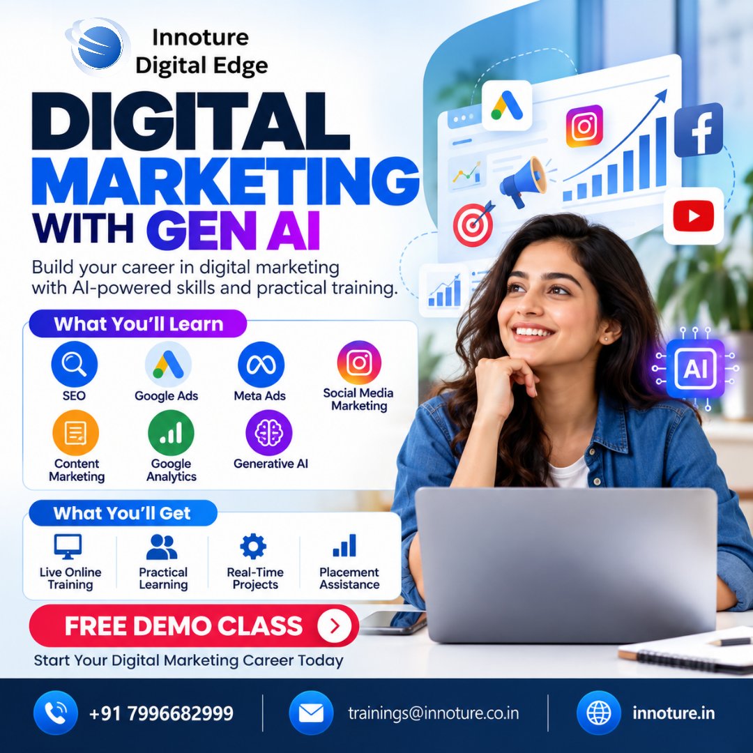 Innoture_digita's tweet photo. 🚀 Master Digital Marketing with Gen AI! Learn SEO, Google Ads, Meta Ads & more.
🔥 Join Our FREE Demo Class!
📞 7996682999
📧 trainings@innoture.co.in
🌐 https://t.co/43trgyM1uX
#DigitalMarketing #GenAI #GoogleAds #MetaAds #SEO #DigitalMarketingTraining #InnotureDigitalEdge https://t.co/nEgZENF3bB