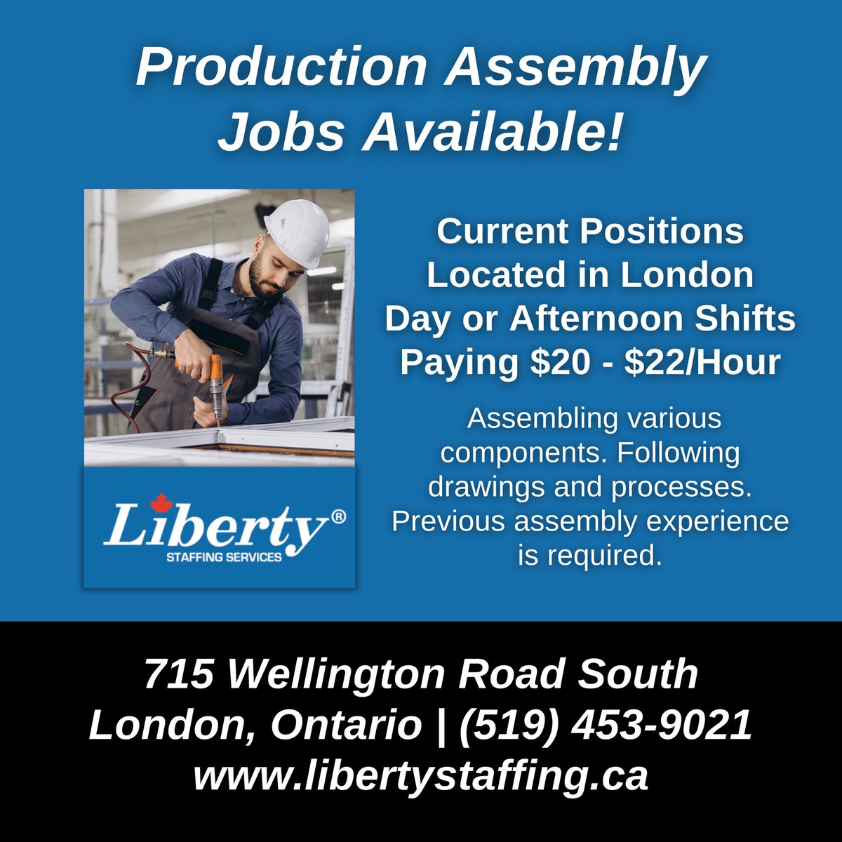 StaffingLiberty's tweet photo. We have Production #Assembly #jobs available in London! Apply with us today!
π± Call/text: 519-453-9021
π Start our online application:
https://t.co/40kB5F9EiW
π Visit:
715 Wellington Road S.
#LondonOntario
#ProductionAssembly #jobopportunities #hiring https://t.co/r0j3SC8FyJ