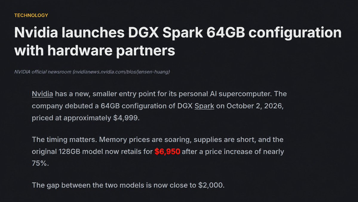 MiaAI_lab's tweet photo. 128 GB DGX SPARKS ARE NOW RETAILED FOR $6,950 !!! 🤯🤯

What is going on ??????