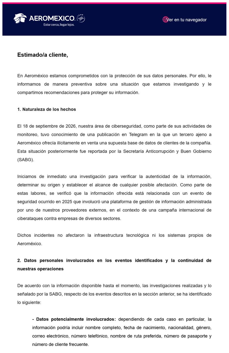 ivillasenor's tweet photo. 🔴 | AEROMÉXICO CONFIRMA MEGAFILTRACIÓN DE DATOS DE SUS CLIENTES... UN AÑO DESPUÉS

Desde octubre de 2025 les dije que las muestras eran REALES. Señalé que había datos personales, de contacto y hasta información de los pasaportes, con un alcance potencial de DECENAS DE MILLONES de personas vulneradas.

Incluso informé —como pueden constatar en la publicación que cito— que no había datos asociados a tarjetas bancarias.

Es decir, hace un año les expuse EXACTAMENTE todo lo que hoy ADMITE @Aeromexico en un comunicado dirigido a sus clientes.

Pero hay algo que no están diciendo. La aerolínea pide tomar precauciones (debido a que esta base de datos es «oro molido» para los delincuentes). ¿Pero qué pasa con todas las personas que fueron víctimas de fraude desde el primer día de la filtración?

La aerolínea no se acaba de enterar del robo. De acuerdo con la publicación en la dark web del grupo Scattered Lapsus$ Hunters (autores del ataque), la sustracción masiva de datos ocurrió en julio de 2025. En esa misma fecha notificaron a cada una de las empresas listadas como víctimas. Fue una campaña de extorsión... y final todo fue filtrado en octubre del mismo año.

Aeroméxico responde apenas SOLO porque @BuenGobierno_mx 'dio seguimiento' a una publicación en Telegram donde se anuncia la venta de esta base, que incluso fue «limpiada» para dar un total de 15 millones de personas afectadas y que, según el ciberdelincuente Eternal, el 100% de ellas serían contactables, es decir, potenciales víctimas de fraude.

Pero ojo, que esto revela otro problema: desde mayo de 2025 dejó de existir el INAI y @BuenGobierno_mx asumió sus funciones. Entre estas nuevas obligaciones está la de protección de datos personales en posesión de sujetos obligados (gobierno) y de particulares (empresas).

Es decir, el ataque ocurrió dos meses después de la extinción del INAI. La filtración, cinco meses después de que la 4T mató a este organismo autónomo para hacerlo COMPLETAMENTE DEPENDIENTE del gobierno. Y tardaron UN AÑO en abrir una investigación de oficio.

Ahora, ¿lo mismo va a ocurrir con Telcel?

Porque les recuerdo que desde el primer día que lanzaron su sitio para vincular líneas por el registro telefónico, 9 de enero, documentamos una vulnerabilidad que exponía, SIN CONTRASEÑAS O CÓDIGOS, los datos personales de TODOS sus clientes.

@Telcel, por medio de su vocero @RenatoFloresC, y la @CRTGobMX, a través de la comisionada presidenta, Norma Solano, mintieron descaradamente en medios. La titular de Buen Gobierno, Raquel Buenrostro, dijo que se había abierto una investigación.

Han pasado casi nueve meses y no han informado absolutamente nada. Mientras, siguen obligando a los mexicanos a registrar sus líneas.

¿Va a ocurrir lo mismo que con Aeroméxico y van a admitir todo cuando AHORITA MISMO ya hay delincuentes usando esa información para cometer fraudes?
