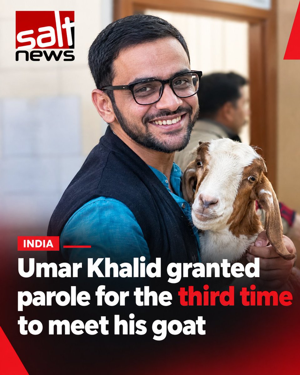 maltnewss's tweet photo. Breaking:
Umar Khalid granted parole for the third time to meet his goat https://t.co/ps5NNr3FuL