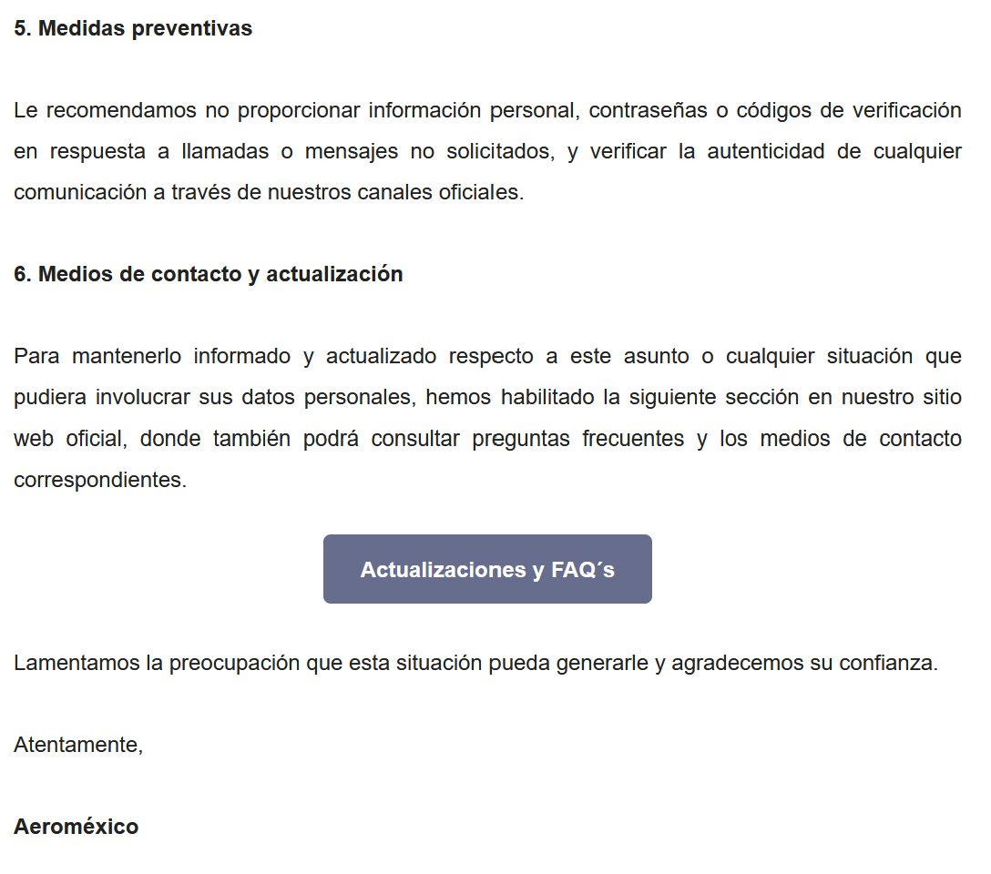 ivillasenor's tweet photo. 🔴 | AEROMÉXICO CONFIRMA MEGAFILTRACIÓN DE DATOS DE SUS CLIENTES... UN AÑO DESPUÉS

Desde octubre de 2025 les dije que las muestras eran REALES. Señalé que había datos personales, de contacto y hasta información de los pasaportes, con un alcance potencial de DECENAS DE MILLONES de personas vulneradas.

Incluso informé —como pueden constatar en la publicación que cito— que no había datos asociados a tarjetas bancarias.

Es decir, hace un año les expuse EXACTAMENTE todo lo que hoy ADMITE @Aeromexico en un comunicado dirigido a sus clientes.

Pero hay algo que no están diciendo. La aerolínea pide tomar precauciones (debido a que esta base de datos es «oro molido» para los delincuentes). ¿Pero qué pasa con todas las personas que fueron víctimas de fraude desde el primer día de la filtración?

La aerolínea no se acaba de enterar del robo. De acuerdo con la publicación en la dark web del grupo Scattered Lapsus$ Hunters (autores del ataque), la sustracción masiva de datos ocurrió en julio de 2025. En esa misma fecha notificaron a cada una de las empresas listadas como víctimas. Fue una campaña de extorsión... y final todo fue filtrado en octubre del mismo año.

Aeroméxico responde apenas SOLO porque @BuenGobierno_mx 'dio seguimiento' a una publicación en Telegram donde se anuncia la venta de esta base, que incluso fue «limpiada» para dar un total de 15 millones de personas afectadas y que, según el ciberdelincuente Eternal, el 100% de ellas serían contactables, es decir, potenciales víctimas de fraude.

Pero ojo, que esto revela otro problema: desde mayo de 2025 dejó de existir el INAI y @BuenGobierno_mx asumió sus funciones. Entre estas nuevas obligaciones está la de protección de datos personales en posesión de sujetos obligados (gobierno) y de particulares (empresas).

Es decir, el ataque ocurrió dos meses después de la extinción del INAI. La filtración, cinco meses después de que la 4T mató a este organismo autónomo para hacerlo COMPLETAMENTE DEPENDIENTE del gobierno. Y tardaron UN AÑO en abrir una investigación de oficio.

Ahora, ¿lo mismo va a ocurrir con Telcel?

Porque les recuerdo que desde el primer día que lanzaron su sitio para vincular líneas por el registro telefónico, 9 de enero, documentamos una vulnerabilidad que exponía, SIN CONTRASEÑAS O CÓDIGOS, los datos personales de TODOS sus clientes.

@Telcel, por medio de su vocero @RenatoFloresC, y la @CRTGobMX, a través de la comisionada presidenta, Norma Solano, mintieron descaradamente en medios. La titular de Buen Gobierno, Raquel Buenrostro, dijo que se había abierto una investigación.

Han pasado casi nueve meses y no han informado absolutamente nada. Mientras, siguen obligando a los mexicanos a registrar sus líneas.

¿Va a ocurrir lo mismo que con Aeroméxico y van a admitir todo cuando AHORITA MISMO ya hay delincuentes usando esa información para cometer fraudes?