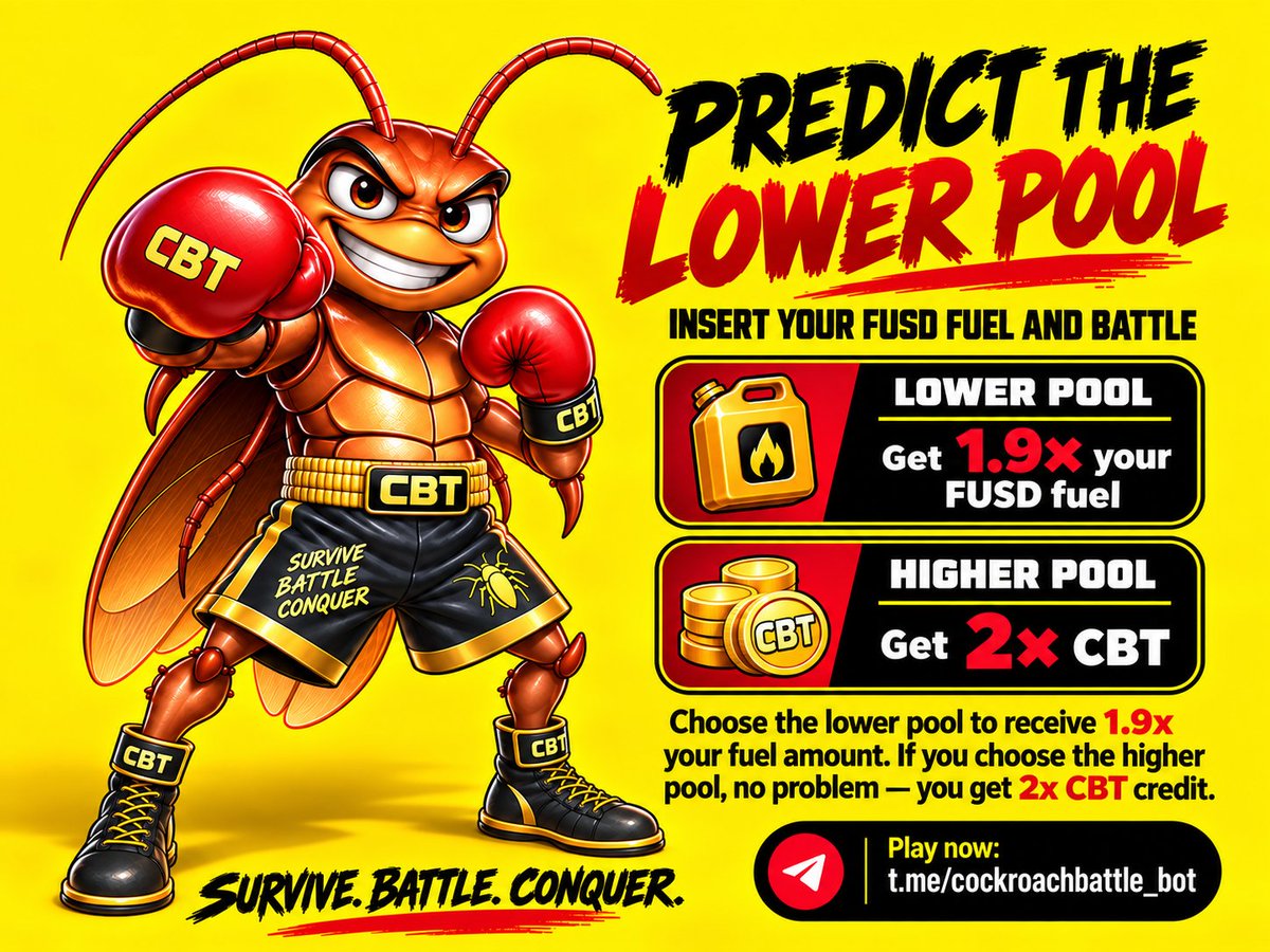 cockroachbattle's tweet photo. 🪳🔥 PREDICT THE LOWER POOL & PLAY THE BATTLE!
Choose the pool you think will finish with the lower total fuel and add your FUSD fuel.
✅ Pick the lower pool → receive 1.9× your FUSD fuel amount
🪳 Pick the higher pool → receive 2× CBT credit instead
Every battle gives you a reason to keep playing. 🥊
👉 https://t.co/BlA0phhmFp
PREDICT. BATTLE. EARN CBT.
#CockroachBattle #CBT #FUSD #GameFi #MiniApp #CryptoGaming