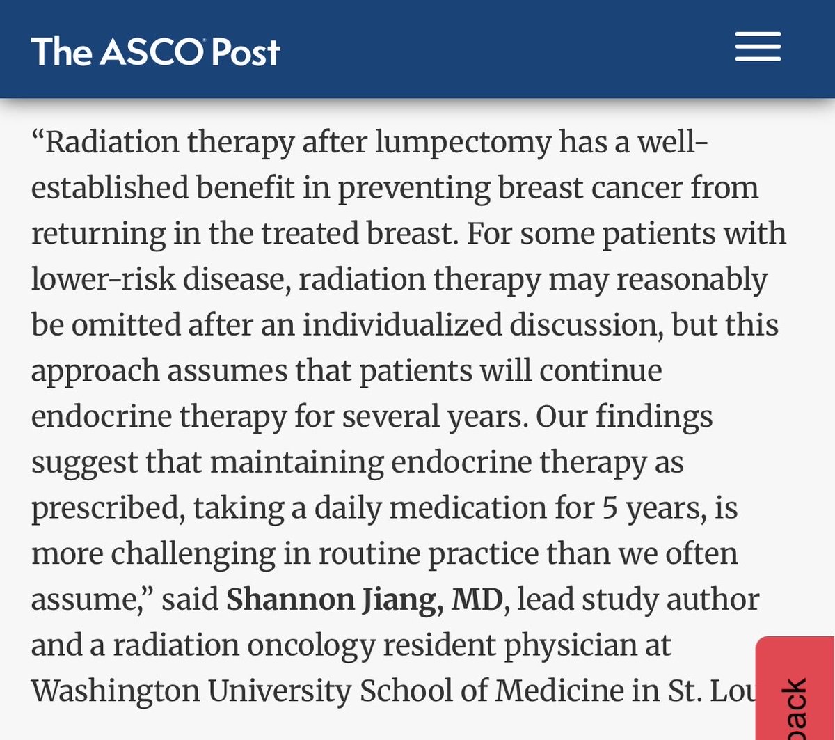 ShannonJiangMD's tweet photo. Our study was highlighted in The ASCO Post!

We found that <30% of patients with early-stage breast cancer remained adherent to endocrine therapy at 5 years. Patients who omitted radiation were more likely to experience substantial lapses in adherence.

https://t.co/aciT9GiMy9 https://t.co/W5PjLCvHdh
