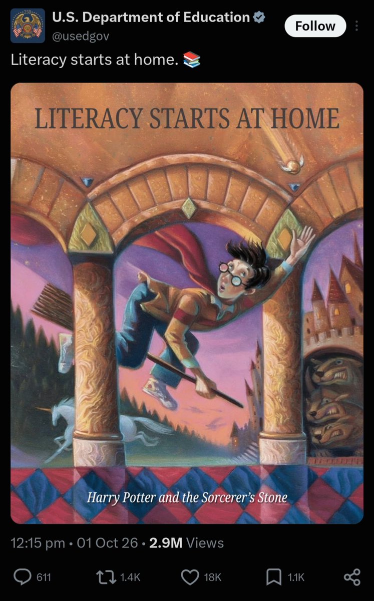 JanbluTheDerg's tweet photo. What's funny about this is that I once watched a video that made the claim that Harry Potter either did nothing to literacy, or made it worse, as people who read HP just didn't read anything else afterwards, and the literacy rate was going down during the peak of HP mania https://t.co/5WTTYHkDi0