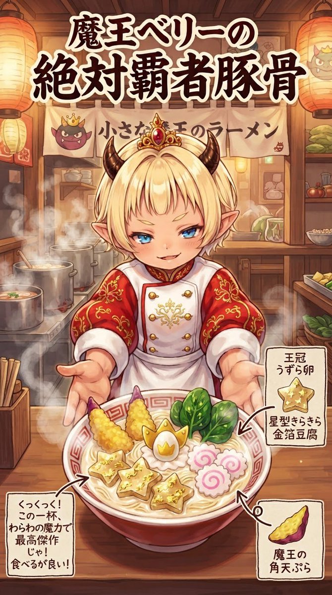 tearstea's tweet photo. #とんこつラーメンの日
#うはおけプロンプト 

魔王ベリーちゃん「【魔王の角天ぷら】が何かって？わらわが自ら栽培した芋の天ぷらだよっ」

プロンプトお借りしました

ラーメン=寿がきや、の民なのでぽてとちゃん（黄色インナーカラーの子）のよりベリーちゃんの方が好きなんですよね https://t.co/80wWdqqOeH
