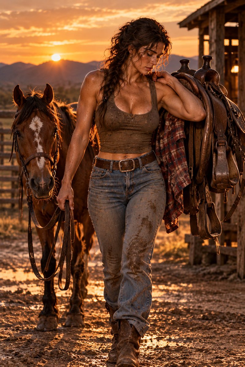 EnderVonF's tweet photo. 2/3
The story lives in the physical details: mud on her jeans, sweat and dust on her skin, tired muscles, messy hair and a few days of natural growth because ranch work ranks considerably higher than grooming. She looks capable because the life requires it. #aiwoman #aifantasy https://t.co/BbW1lv41bb