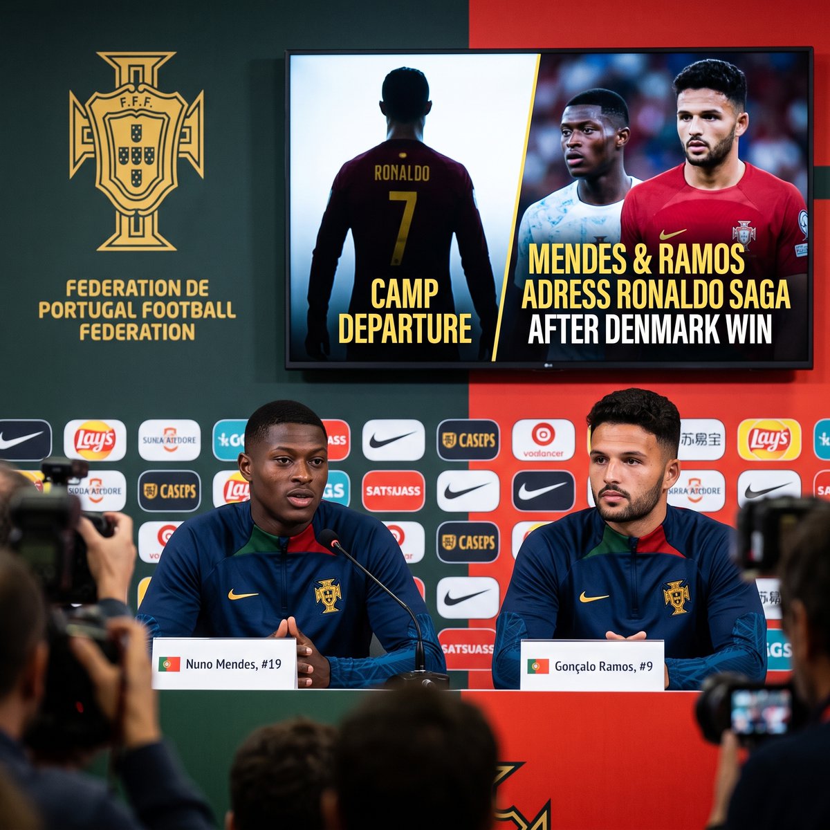 Post___lt's tweet photo. 🔥 PORTUGAL PLAYERS FINALLY SPEAK ON RONALDO SAGA!

🏌️‍♂️ Nuno Mendes and Gonçalo Ramos have publicly addressed Cristiano Ronaldo’s controversial departure from Portugal’s camp following yesterday win over Denmark.

🗣️ Mendes said the squad’s priority is following Jorge Jesus’ instructions, while adding that Portugal would welcome Ronaldo or any other player who returns to the team.

⚽ Ramos insisted the situation did not distract the squad, as Portugal defeated Denmark, with Ramos himself scoring.

🚫 Renato Veiga, however, said he had been instructed not to discuss Ronaldo, despite revealing his close relationship with the captain.

👑 Ronaldo has promised to explain his reasons “in time,” leaving his international future uncertain.
