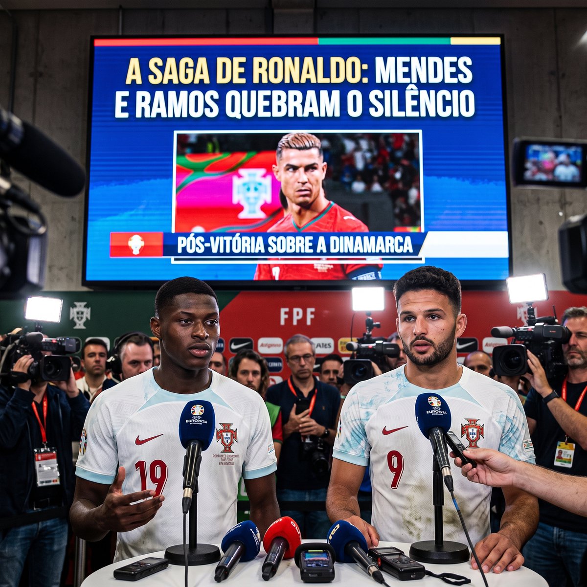 Post___lt's tweet photo. 🔥 PORTUGAL PLAYERS FINALLY SPEAK ON RONALDO SAGA!

🏌️‍♂️ Nuno Mendes and Gonçalo Ramos have publicly addressed Cristiano Ronaldo’s controversial departure from Portugal’s camp following yesterday win over Denmark.

🗣️ Mendes said the squad’s priority is following Jorge Jesus’ instructions, while adding that Portugal would welcome Ronaldo or any other player who returns to the team.

⚽ Ramos insisted the situation did not distract the squad, as Portugal defeated Denmark, with Ramos himself scoring.

🚫 Renato Veiga, however, said he had been instructed not to discuss Ronaldo, despite revealing his close relationship with the captain.

👑 Ronaldo has promised to explain his reasons “in time,” leaving his international future uncertain.