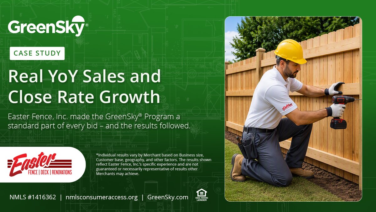GreenSkyProgram's tweet photo. Easter Fence, Inc. made the decision to incorporate the GreenSky® Program into their sales process. When they offered financing on every bid, they saw the benefits: sales grew by 40% YoY, and close rates increased by 5%.

Read the full case study here: https://t.co/IEgEegz7QA https://t.co/NlJxd5O0JH