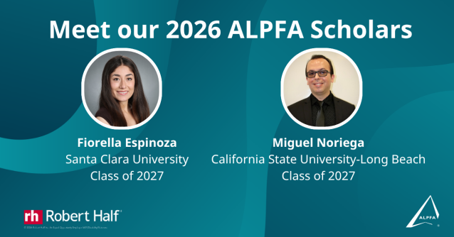 VedranaSS's tweet photo. Congratulations to @RobertHalf's 2026 @ALPFA Scholarship recipients, Fiorella Espinoza (Santa Clara University) and Miguel Noriega (CSU Long Beach)! We're proud to support these future accounting leaders as they pursue their career goals! #ALPFAmilia https://t.co/PyYmOwDO70 https://t.co/uVLDUuuJke