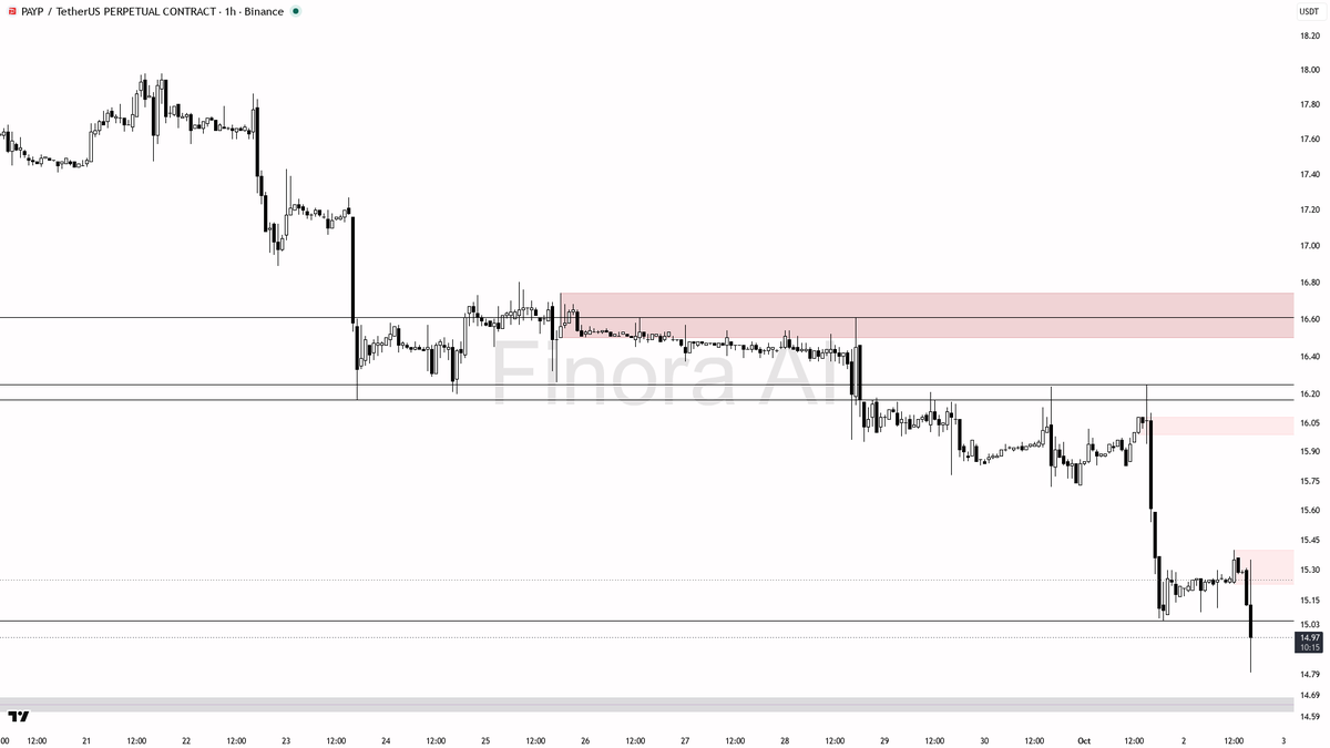 🧐 $PAYP 17.5x volume on the -5.4% drop looks like distribution, not support

- my bias is bearish here on the 1h — this selloff with the volume spike and 0.25 