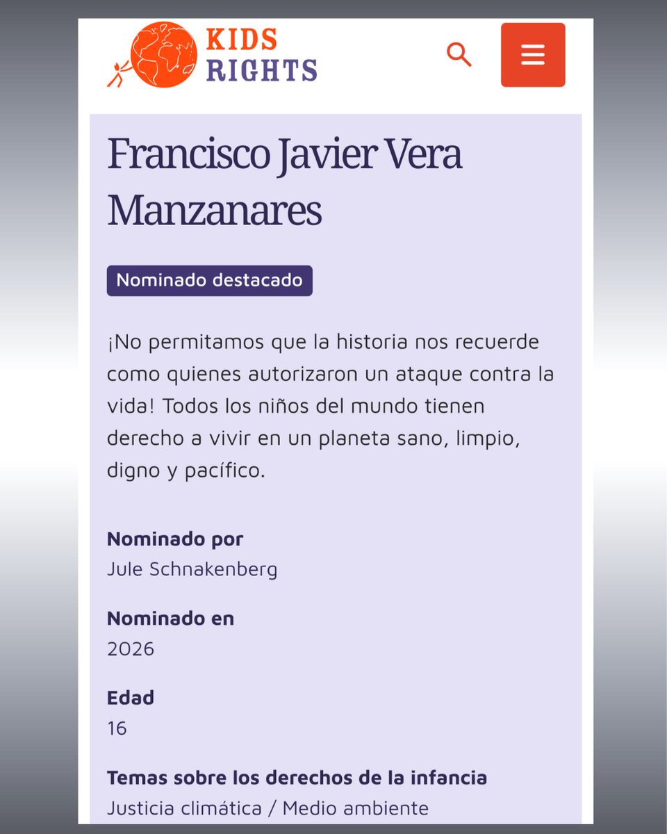 franciscoactiv2's tweet photo. Con mucha alegría quiero contarles que he sido nominado al Premio Internacional de la Paz Infantil 2026 de @KidsRights, el premio infanto - juvenil  más importante del mundo.

Esta nominación reconoce un camino que siempre ha sido colectivo.
Somos la generación de la Ecoesperanza https://t.co/oOimPgtikT