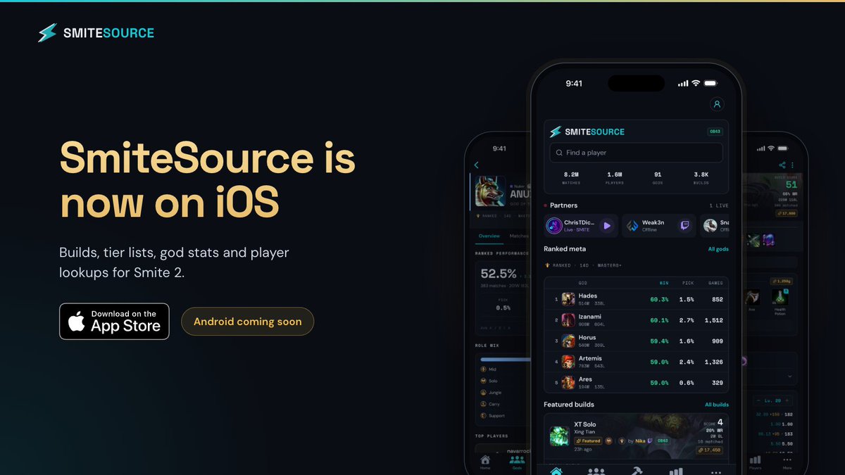 SmiteSource's tweet photo. SmiteSource is now on the App Store 📱⚡

Builds, tier lists, god stats and player lookups for @SMITEGame, all in your pocket.

Android is coming soon 🤖

https://t.co/gEJA0xhOYC https://t.co/p8FsfcqPzh