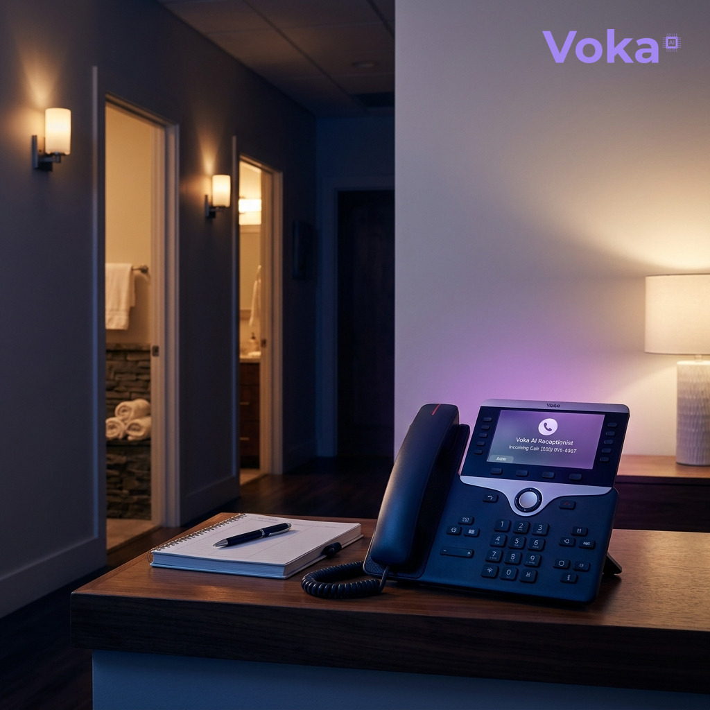 Voka_AI's tweet photo. Your spa closes at 7. Guests call at 10 asking about packages and Saturday openings. Voicemail = lost booking. Voka answers, checks your live calendar, and books them. 14 days or 100 min free, no card. https://t.co/ITqhOHT5Sp https://t.co/MrWXXrtt25