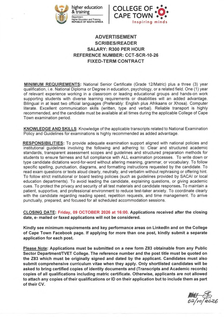 CollegeofCT's tweet photo. VACANCY ALERT! 📢 📢 Scriber/Reader
College of Cape Town is hiring! Check out the vacancy advert and read the requirements and application instructions carefully.
Don’t miss the closing date! https://t.co/UFvrRe2qIf