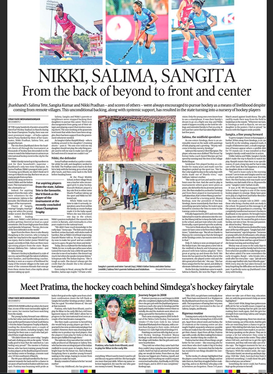 vinayakkm's tweet photo. #AsianGames2026 #Hockey 

Salima Tete &amp; Nikki Pradhan, what a story. It was an eyeopener to travel to Simdega &amp; Ranchi to write their story. (Sangita wasn't part of this squad, but more players are coming through from there)🏑

And remembering coach Pratima, who is no more. 🙏🏼 https://t.co/szkEcfC2sy