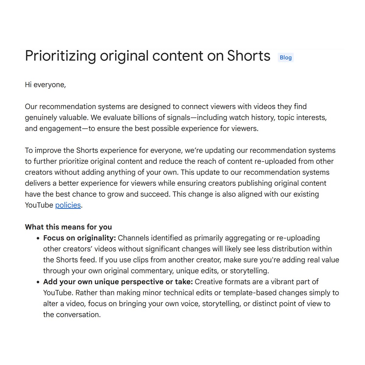 zachbussey's tweet photo. YouTube is changing the Shorts algorithm to prioritize Original Content. (RIP Clippers)

YouTube says creators need to:
1. Focus on Originality.
2. Add a Unique Perspective.

You'll get fewer views until you add real value through commentary/storytelling/unique edits. https://t.co/zowxqgLEQI