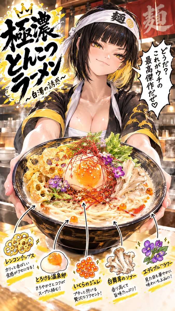 tearstea's tweet photo. #とんこつラーメンの日
#うはおけプロンプト 

魔王ベリーちゃん「【魔王の角天ぷら】が何かって？わらわが自ら栽培した芋の天ぷらだよっ」

プロンプトお借りしました

ラーメン=寿がきや、の民なのでぽてとちゃん（黄色インナーカラーの子）のよりベリーちゃんの方が好きなんですよね https://t.co/80wWdqqOeH