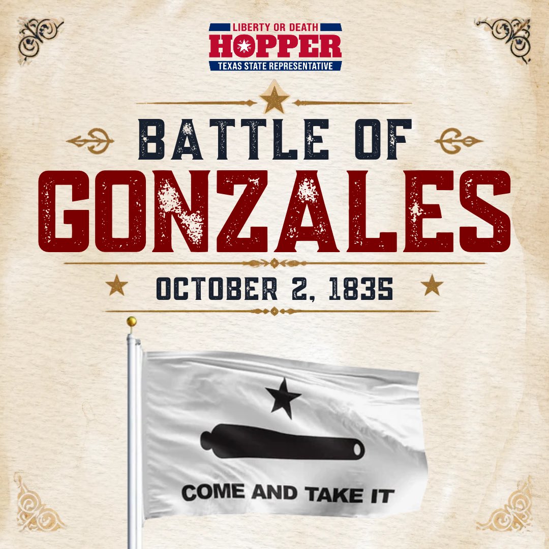 AndyHopperTX's tweet photo. Texas has rightfully earned her place in history as an unconquerable beacon of freedom, and that reputation was forged on this day, October 2nd, in the first battle in the Texas War for Independence at the Battle of Gonzales. In 1835, roughly 100 Mexican dragoons were dispatched to Gonzales to confiscate a small six-pounder cannon originally loaned to the settlement for defense against hostile raids. When the Texans caught wind of the order, a band of tenacious men buried the cannon in a nearby peach orchard and took up positions to guard the river crossing.
As word spread, volunteers rallied to the call, unearthing the piece and preparing for combat. When the morning fog burned away on October 2nd, the Texans engaged the detachment under a defiant banner bearing a star, a cannon, and four immortal words: "Come and Take It." Outmaneuvered and facing determined armed resistance, the Mexicans quickly retreated. The courage and tenacity displayed at Gonzales helped ignite a revolution that would ultimately give birth to the Republic of Texas.
That warrior spirit has not expired on our watch. The battleground may look different today, but the fundamental struggle remains the exact same: defending our heritage, our state sovereignty, and our God-given liberties against encroaching tyranny. The blood and resolve of our ancestors fuel our determination to hold the line today to keep Texas free.
