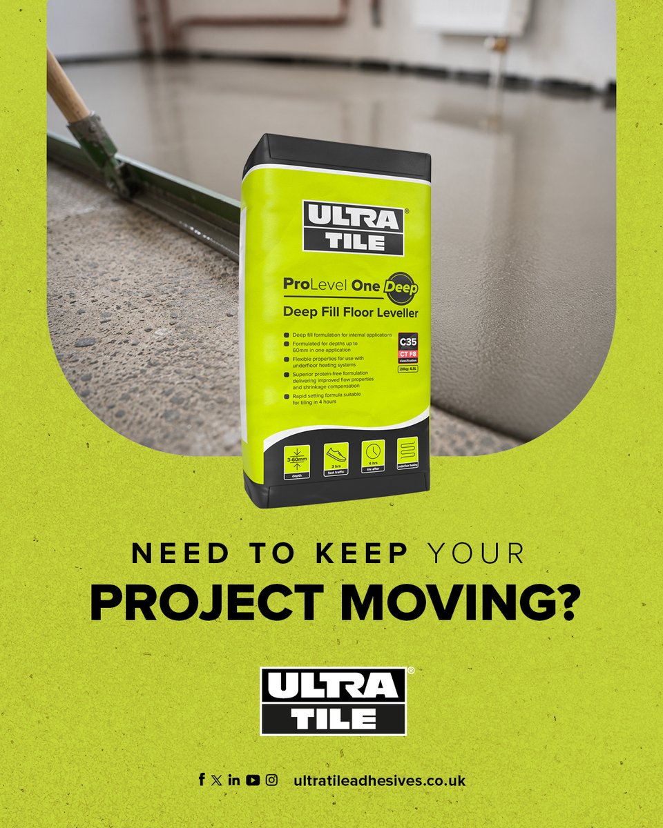 UltraTile_UK's tweet photo. UltraTile ProLevel One Deep features a rapid setting formula that's ready for tiling in as little as 4 hours, helping you stay on schedule.
🔗 https://t.co/FE5eveIiQv
#UltraTile #RapidSet #FloorPreparation #TileInstallation #TradeProducts https://t.co/ZuINdEczZ0