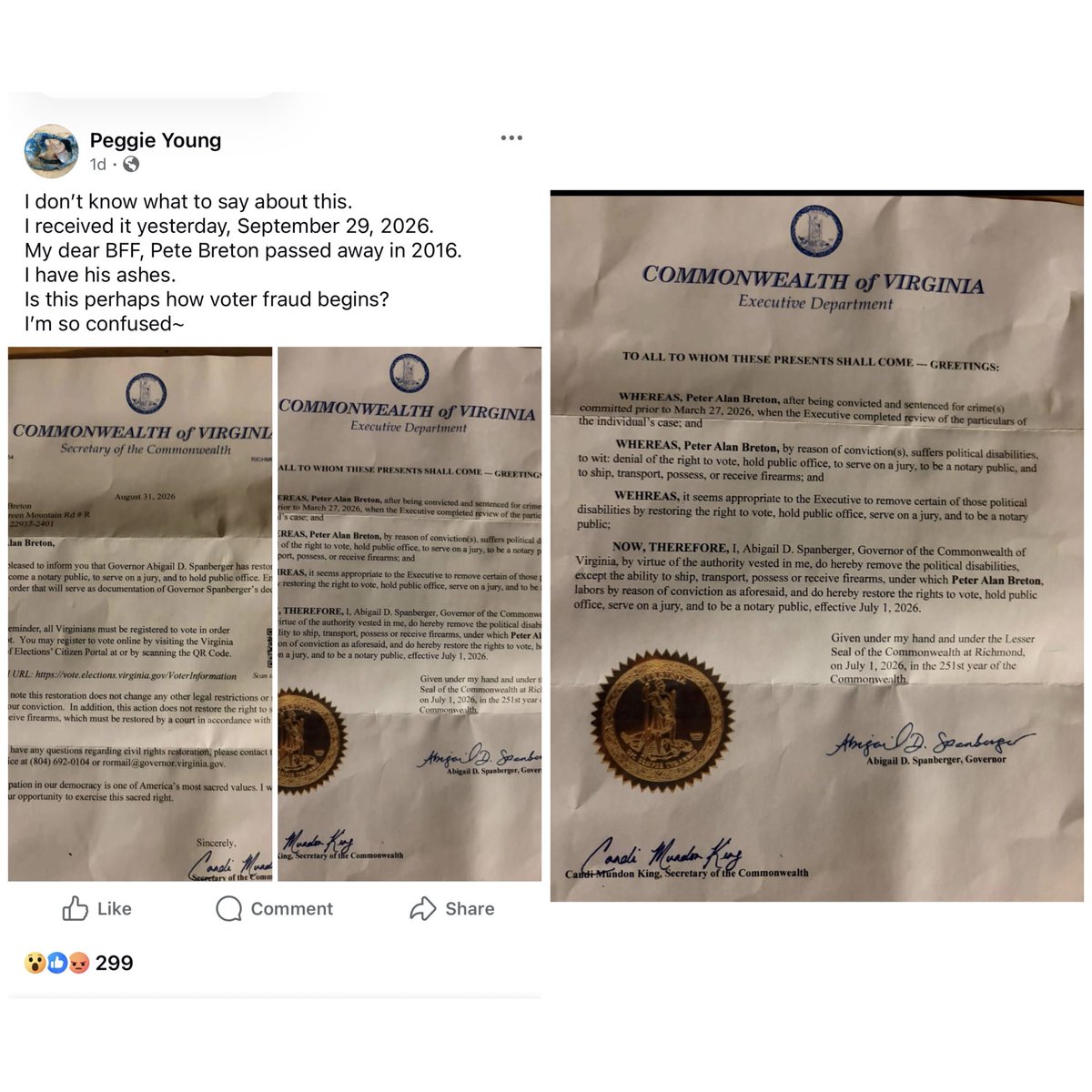 AssocAnderson's tweet photo. The Governor of Virginia restored the right to vote of a felon that’s been dead for 10 years. There is a reason Youngkin didn’t do it - that’s because he didn’t ask - Because he’s ☠️.  That small annoying hiccup has been removed by her excellency in 2026.  

Our elections are 100% secure. Nothing to see here.  Democrats have it all figured out. 

Stay classy Virginia.