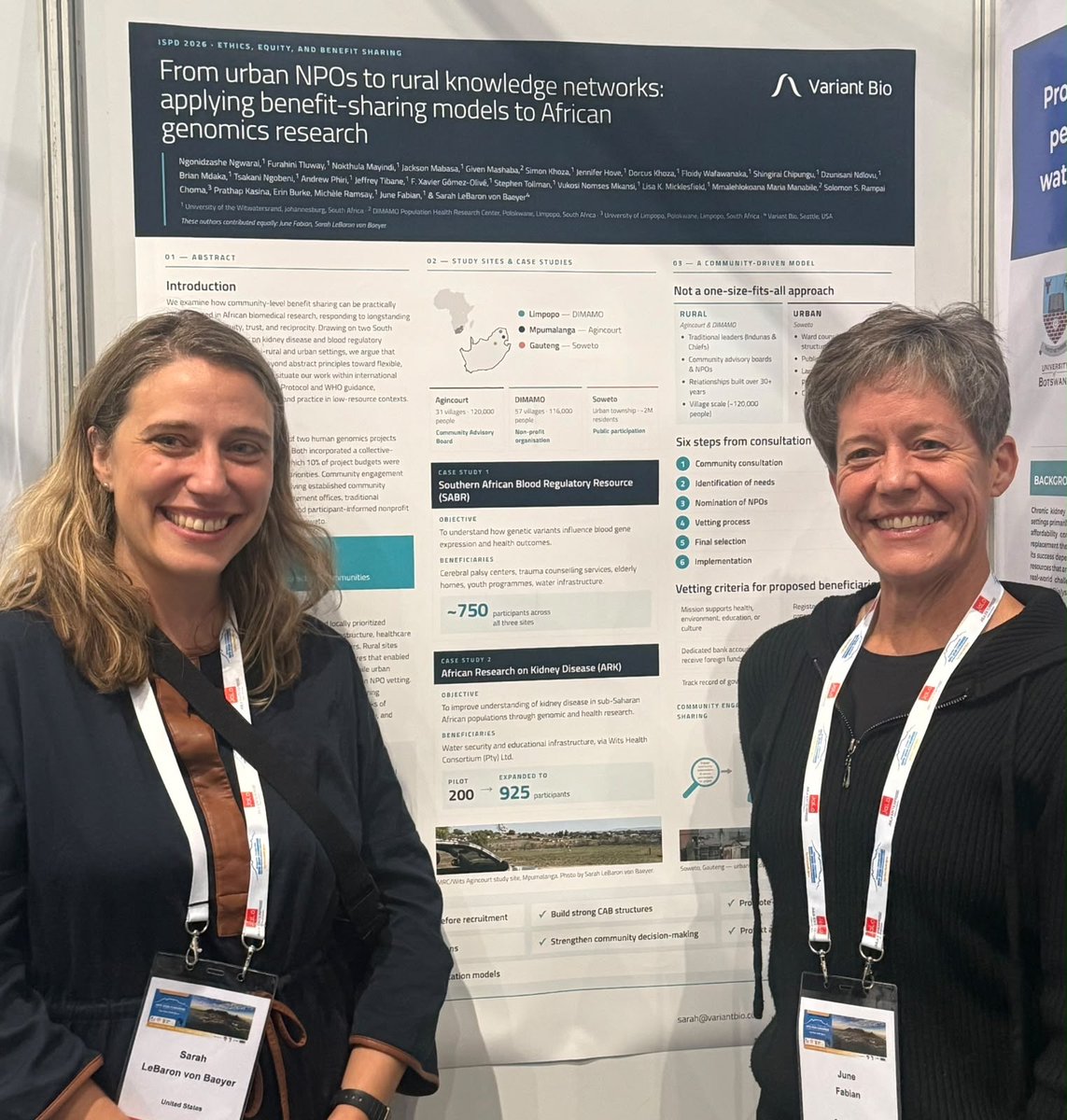 VariantBio's tweet photo. Dr. Sarah LeBaron von Baeyer from Variant Bio presenting with our brilliant partner Dr. June Fabian from the University of the Witwatersrand on how we have together implemented the community-driven distribution of financial benefits for genomics research projects in South Africa. https://t.co/OtHLWSa0Gi