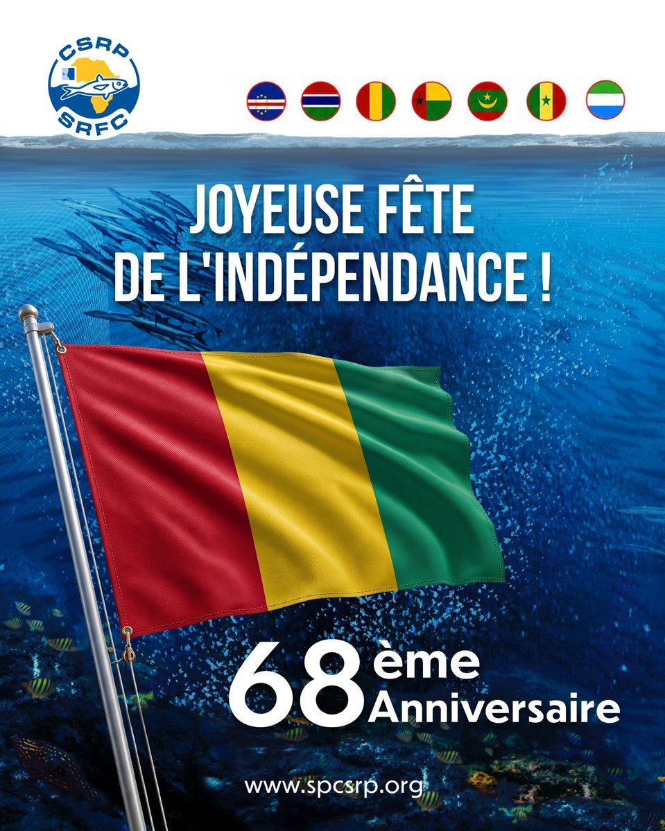 CSRP2016's tweet photo. La CSRP félicite la République de Guinée pour son indépendance. L'institution réaffirme son engagement sur ce territoire via son plan stratégique 2025-2029 en faveur d'une gouvernance sous-régionale solidaire, garantissant la durabilité des ressources halieutiques. https://t.co/jn7QQxUsOW