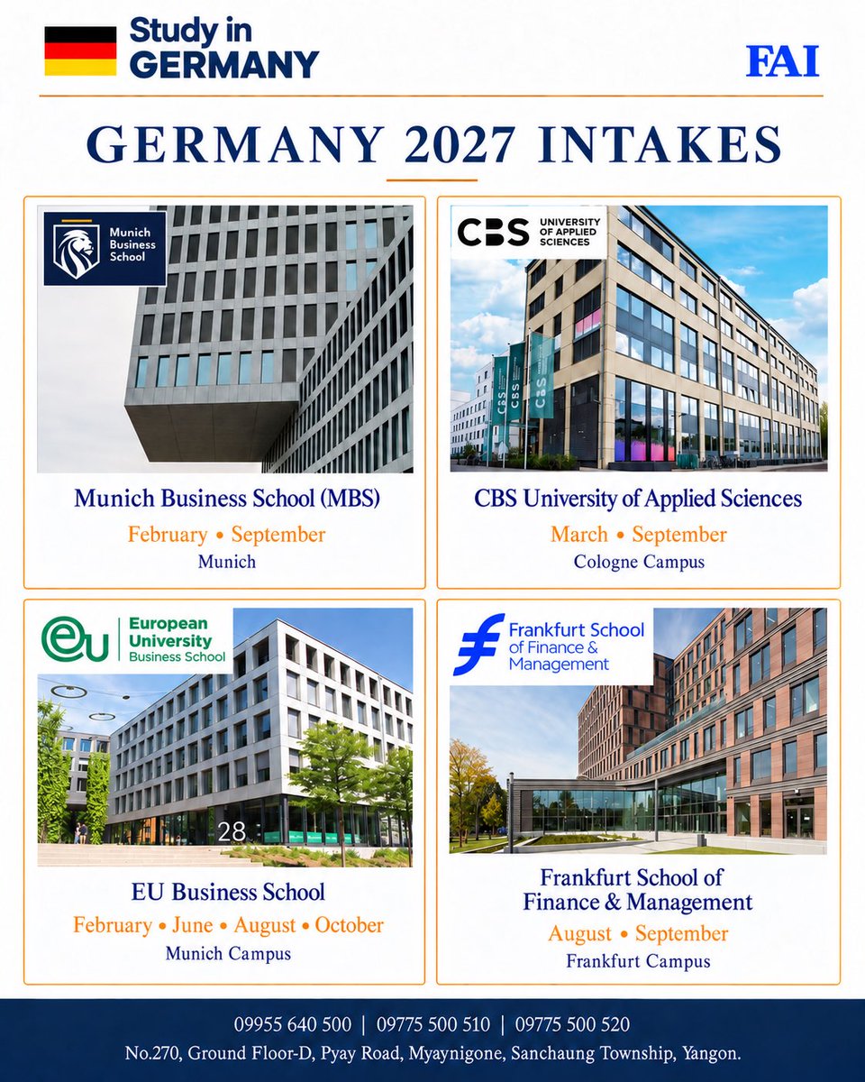 FAI_Education's tweet photo. 🇩🇪 Germany 2027 မှာ ကျောင်းတက်ဖို့ စီစဉ်နေပြီလား?
ကိုယ့် Budget နဲ့ကိုက်တဲ့ Program နဲ့ Intake ကို FAI နဲ့ ရွေးချယ်ပါ။
“GERMANY 2027” လို့ Message ပို့ပြီး Free Consultation ရယူပါ။
#StudyInGermany #FAIEducation #GermanyIntakes https://t.co/dB3sbSe3eG