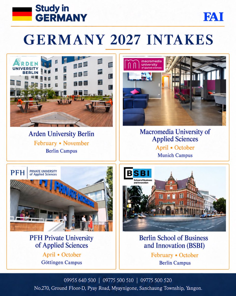FAI_Education's tweet photo. 🇩🇪 Germany 2027 မှာ ကျောင်းတက်ဖို့ စီစဉ်နေပြီလား?
ကိုယ့် Budget နဲ့ကိုက်တဲ့ Program နဲ့ Intake ကို FAI နဲ့ ရွေးချယ်ပါ။
“GERMANY 2027” လို့ Message ပို့ပြီး Free Consultation ရယူပါ။
#StudyInGermany #FAIEducation #GermanyIntakes https://t.co/dB3sbSe3eG