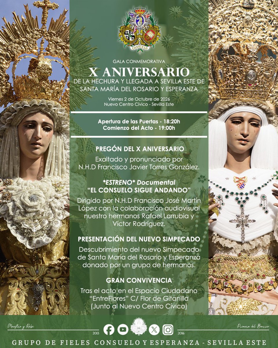ConsueloSevEste's tweet photo. Es 𝐇𝐎𝐘 #GalaXAniversario #RosaDeOctubre

Os esperamos en el nuevo Centro Cívico Sevilla Este

🗯️Nuestro Javier Torres pregonará estos años a su lado.
📽️Como #ElConsueloSigueAndando por nosotros.
💚Un regalo para Santa María del Rosario y Esperanza.

¡Salve Rosario de Amor! https://t.co/CDLE93VnpV