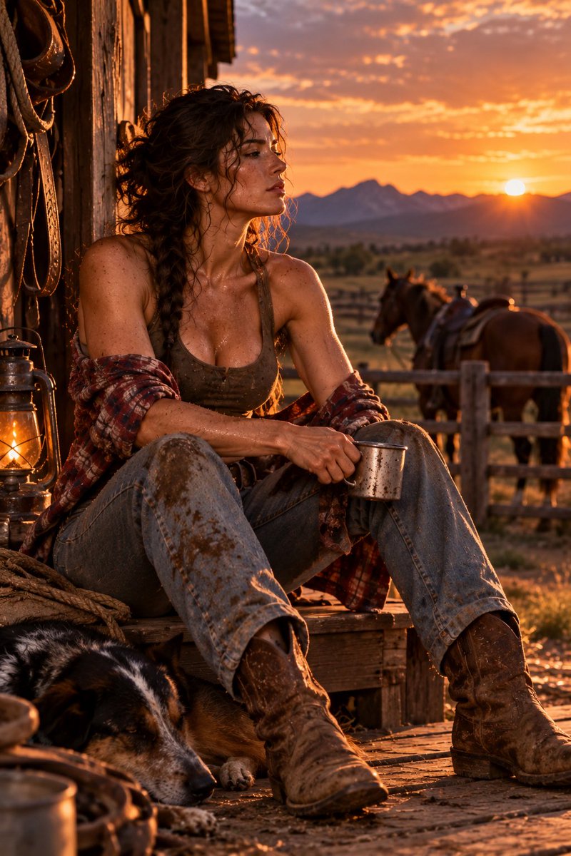 EnderVonF's tweet photo. 3/3
By sunset, the work finally releases her. Horse put away, tools down, Sage sits outside the barn with a metal cup and watches the last light cross the pasture. Exhausted, filthy and completely at home. #aiwoman #aifantasy https://t.co/M9DjywXezy