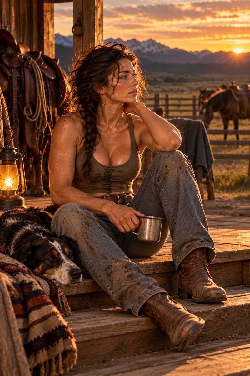 EnderVonF's tweet photo. 3/3
By sunset, the work finally releases her. Horse put away, tools down, Sage sits outside the barn with a metal cup and watches the last light cross the pasture. Exhausted, filthy and completely at home. #aiwoman #aifantasy https://t.co/M9DjywXezy