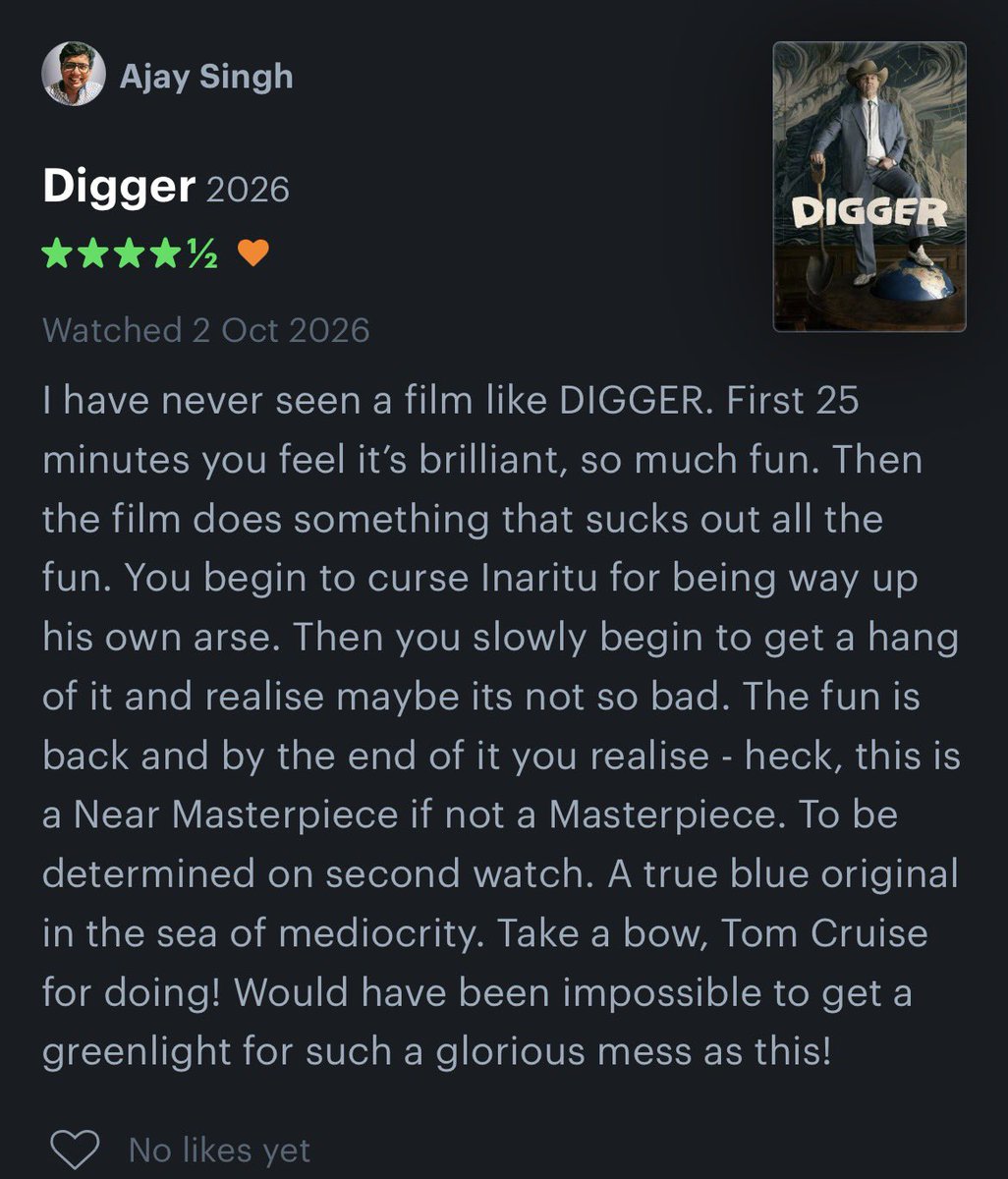 ajaxsingh's tweet photo. Some more thoughts on Digger. Cruise deserves an Oscar nom. For backing it, for letting loose. https://t.co/7LfZ8biLCn