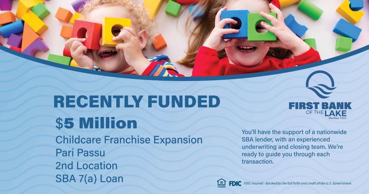 FirstBankLake's tweet photo. A second childcare location called for a financing structure built around the expansion. First Bank of the Lake provided a $2.85 million SBA 7(a) loan alongside $2.24 million in pari passu financing, where participating lenders share equal priority in the collateral. It’s one way SBA financing can work alongside additional financing to support larger business needs.

Learn more: https://t.co/UkMhiu55JP

#PariPassu #SBA7a #SBALending #FranchiseFinancing #FirstBankoftheLake