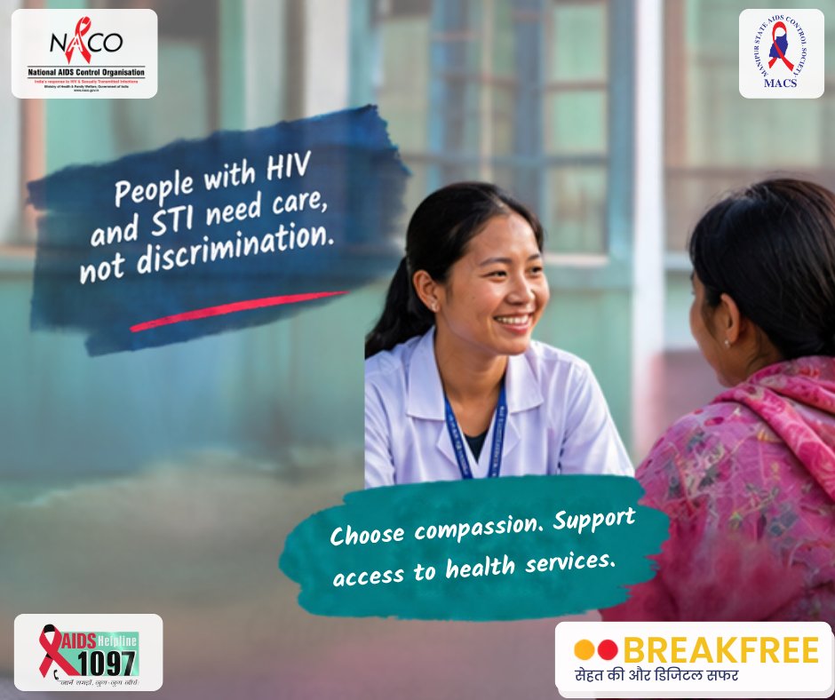 ManipurAIDS's tweet photo. People with HIV and STI need care, not discrimination. Choose compassion. Support access to health services.
#IndiaFightsHIVandSTI #KnowYourHIVStatus #HIVAwareness #HIVPrevention
#EndAIDS #endstigma https://t.co/UeQRNdqEoQ